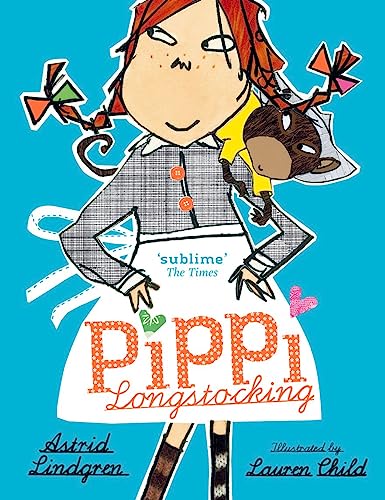 Illustrated book cover of Pippi Longstocking with her monkey on a bright blue background.