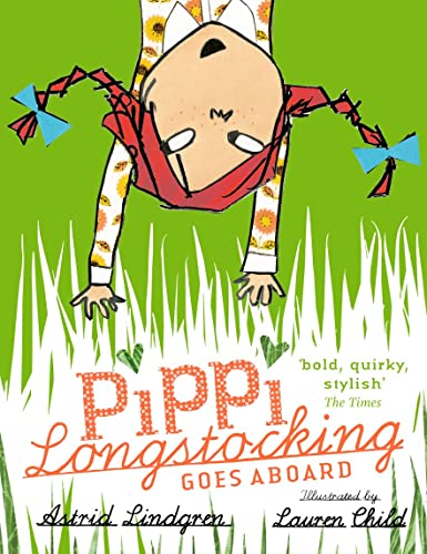 Pippi Longstocking upside down with red hair and a striped shirt.