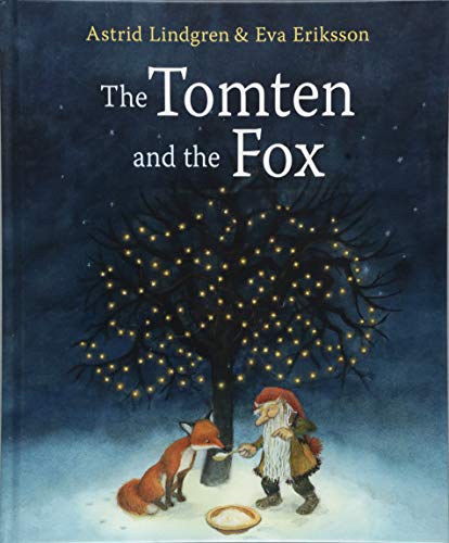 Book cover: a tomten and fox share food under a starry tree.