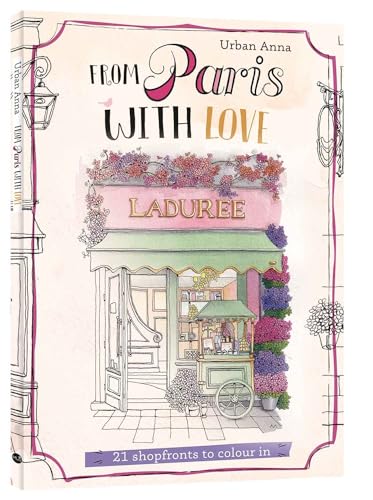 Colouring book cover featuring a Parisian shopfront and bicycle sketch.