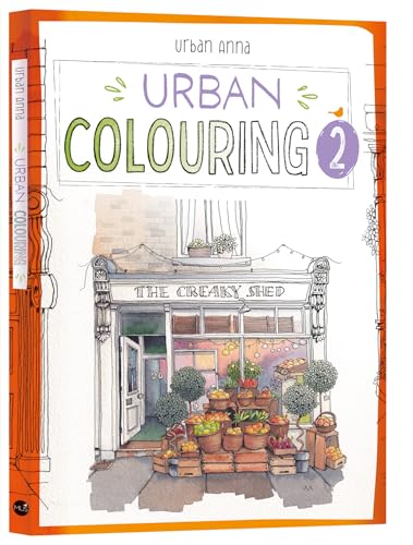 Cover of Urban Colouring 2 book featuring a line drawing of a fruit shop.