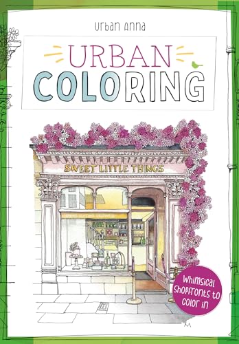 Line drawing of a flower-covered shopfront, coloring book cover.