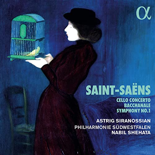 CD cover: woman with birdcage, text “Saint-Saëns” and artist names.