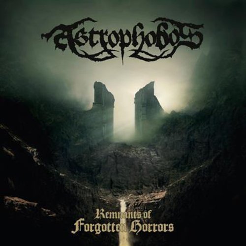 Dark album cover with band logo "Astrophobos" and ruined stone structures.
