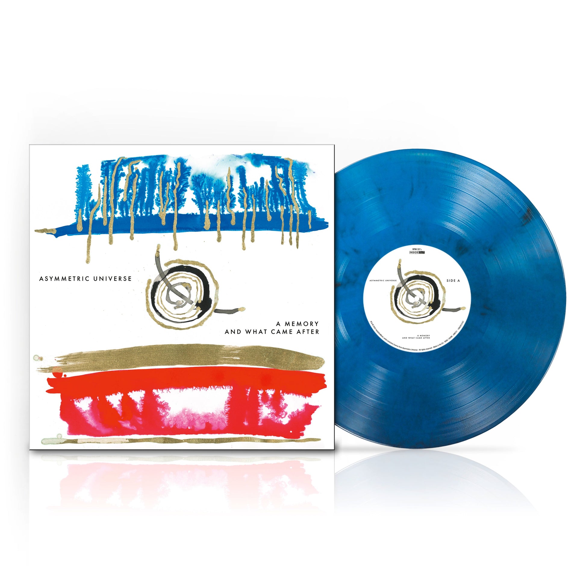 Blue and black marbled vinyl LP with abstract white and gold cover art.