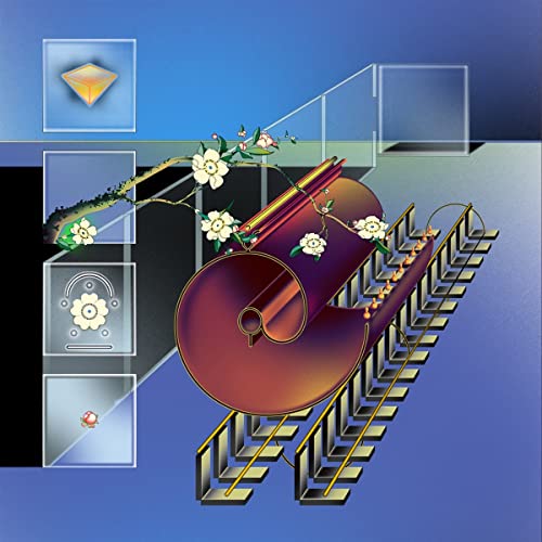 Abstract album cover with a red cylinder, white flowers, and geometric shapes.