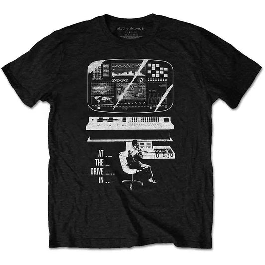 Black t-shirt with white graphic of a monitor and seated figure.