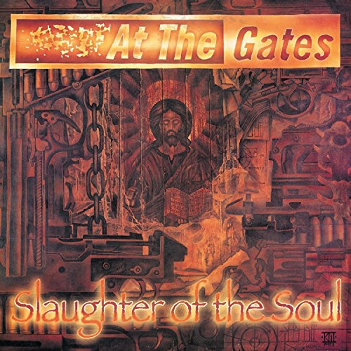 Album cover featuring a central religious figure surrounded by mechanical parts in warm tones.