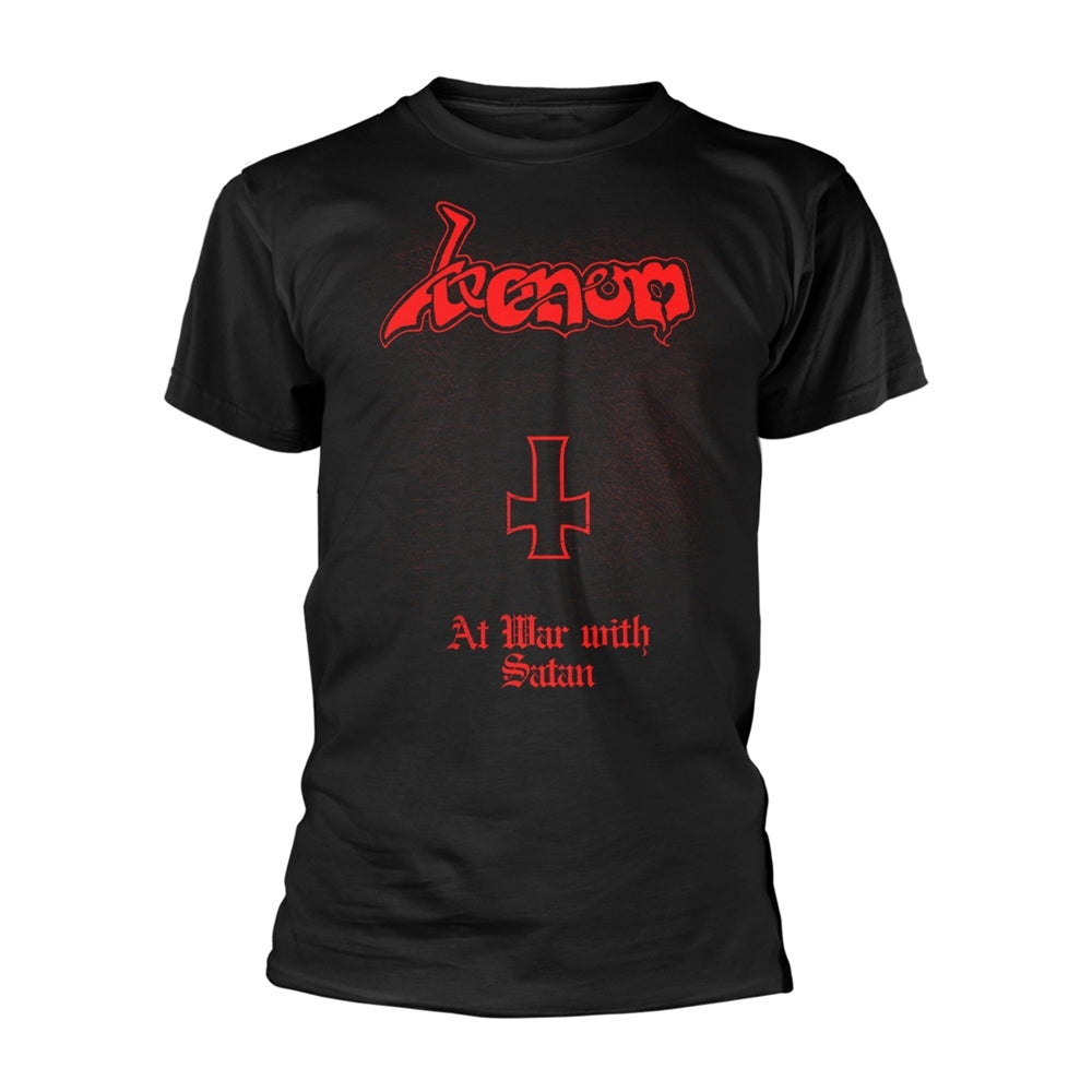 Black t-shirt with red inverted cross and band logo, "Venom.