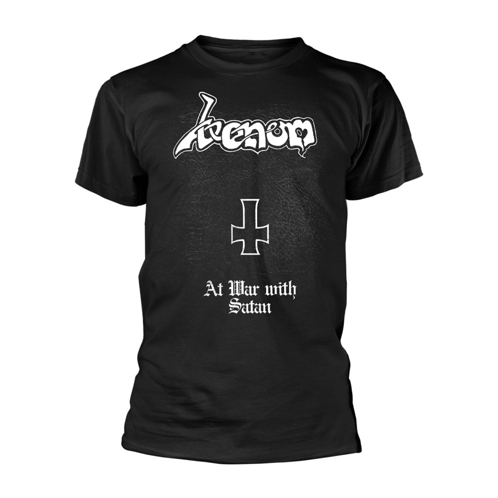 Black t-shirt with white text and inverted cross, band logo "Venom".