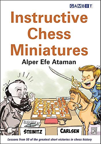 Book cover for Instructive Chess Miniatures featuring a cartoon of Steinitz and Carlsen playing chess.