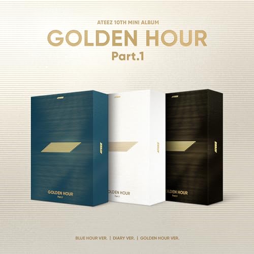 Ateez album cover: three boxes in blue, white, and black with gold accents.