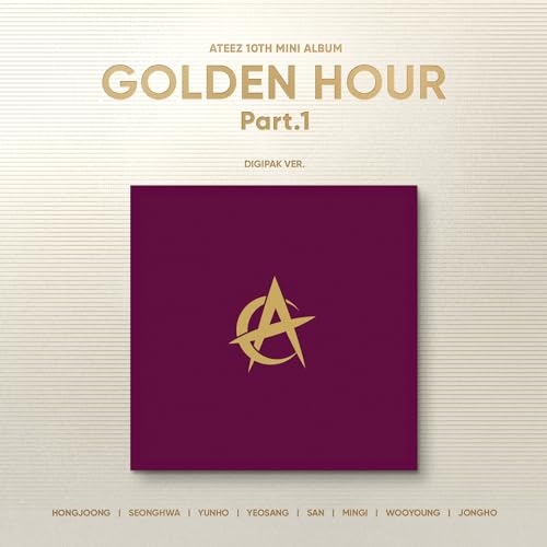 Ateez album cover: dark burgundy with a gold circular “A” logo.