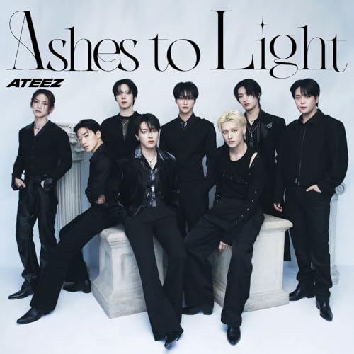 Ateez album cover: eight men in dark clothing, white background.