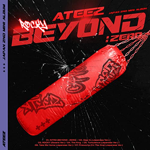 Ateez “Beyond : Zero” album cover featuring a red punching bag with text.