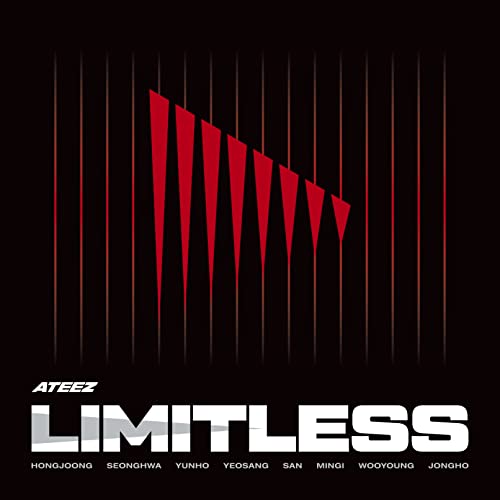 Ateez "Limitless" album cover: red lines against black with band member names.