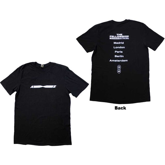 Large black ATEEZ tour t-shirt with Euro logo on back, unisex style.