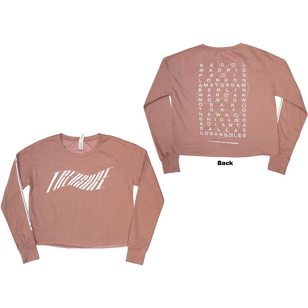 Black cropped unisex sweatshirt featuring ATEEZ Fellowship Map The Treasure tour graphics on back.