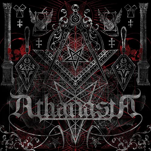 Dark album cover with geometric shapes, pentagrams, and the band name "Athanasia".