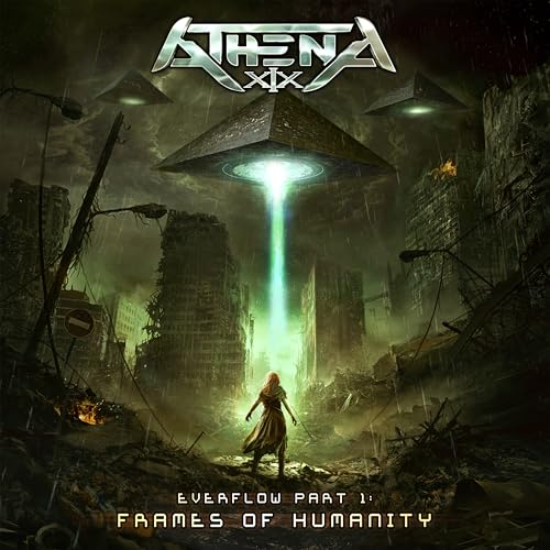 Sci-fi album cover with UFO, ruined city, and lone figure below.