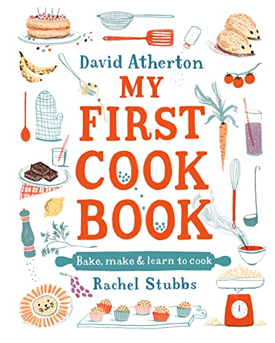 Children’s cookbook cover with colorful illustrations of food and cooking tools.