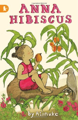 "Book cover featuring a girl in pink sitting on a log, holding an orange fruit."