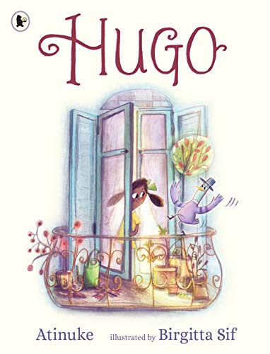 Book cover: "Hugo" with illustration of a child and bird on a balcony.