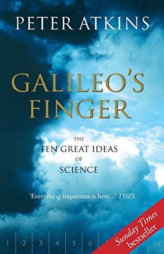 Book cover: "Galileo's Finger" with cloudy sky background and red banner.