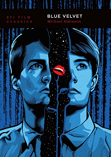 Book cover for “Blue Velvet” featuring a split male face and red lips.