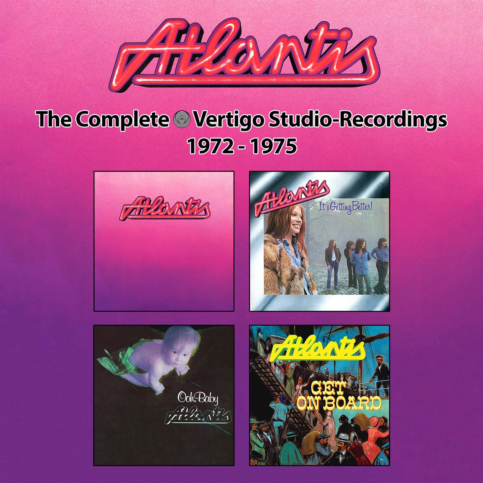 CD cover art featuring the Atlantis logo and four album covers on a pink background.