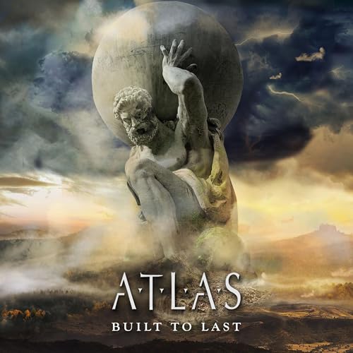 Statue of Atlas holding a celestial sphere against a dramatic, stormy sky background.