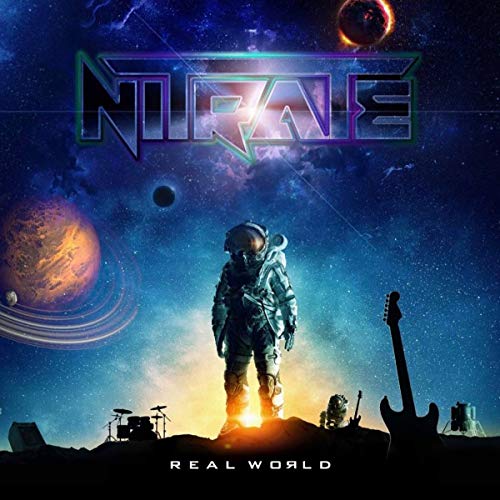 Album cover: astronaut on rocky landscape with planets and musical instruments.