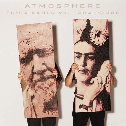 Two tall vinyl records depicting portraits of Frida Kahlo and Ezra Pound.