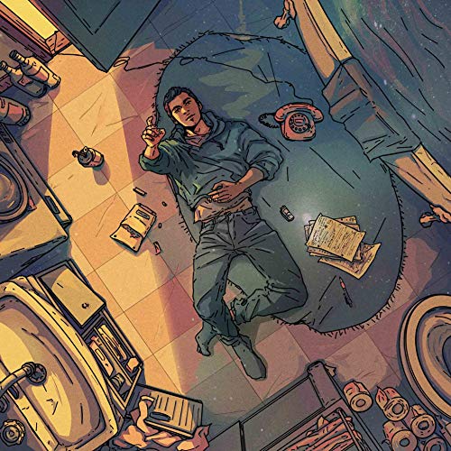 A man lies on a bathroom floor surrounded by scattered papers, bottles, and clutter.