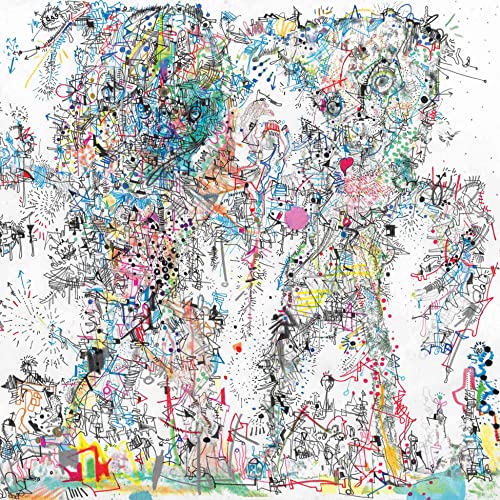 Abstract colorful drawing of a bear-like figure with many small details.