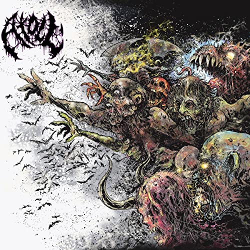 Horrific illustration of grotesque monsters and zombies with a swarm of bats.