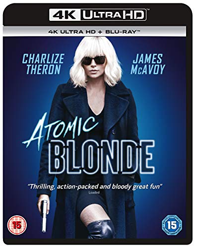 Charlize Theron wearing sunglasses and a dark coat on the Atomic Blonde movie cover.