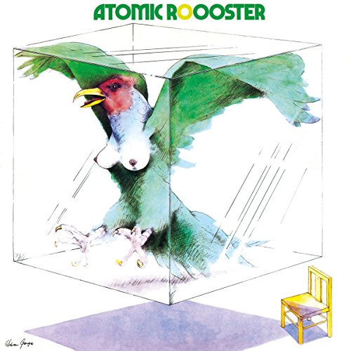 "Album cover art: green rooster in a glass cube with a yellow chair."