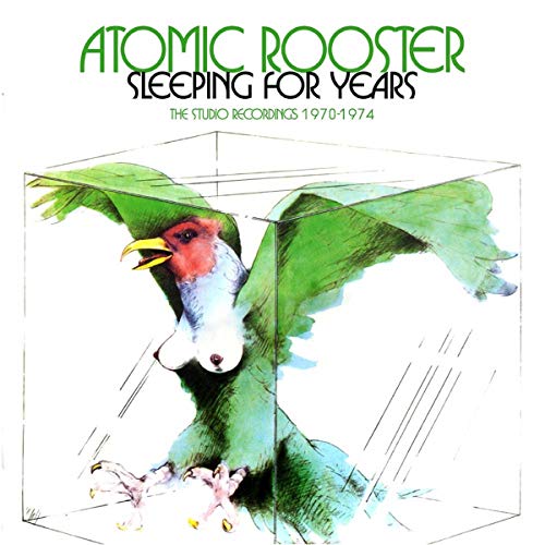 Atomic Rooster album cover: a green and red rooster inside a wireframe cube.