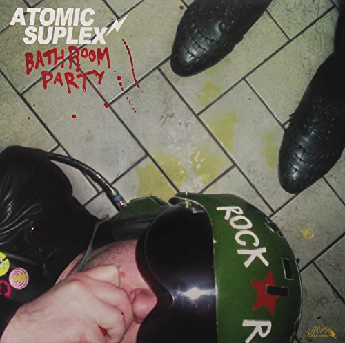 Vinyl album cover with feet, helmet, and splattered liquid on tile.