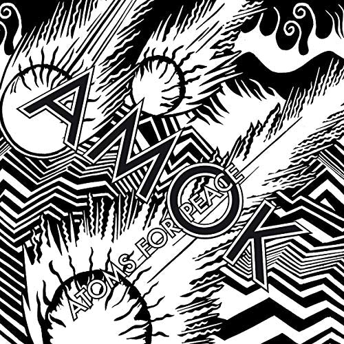 Black and white graphic illustration featuring stylized comets and the text AMOK ATOMS FOR PEACE.