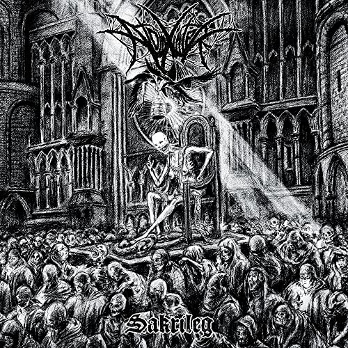 Black and white album cover depicting a skeletal figure in a cathedral.