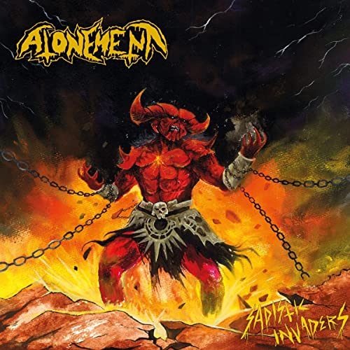 Album cover: red demon with chains, titled "Atonement - Sadistic Invaders.