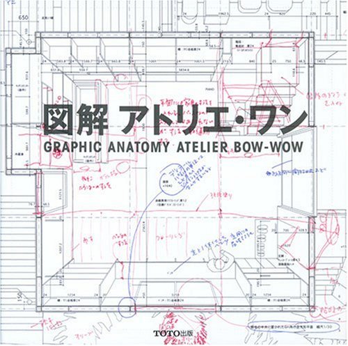 Architectural floor plan with technical annotations, red sketches, and Japanese and English book title.