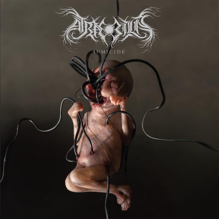 A fetus entwined with black cables against a dark background with stylized band logo.