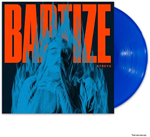 Atreyu Baptize album cover with a blue vinyl record disc next to it.