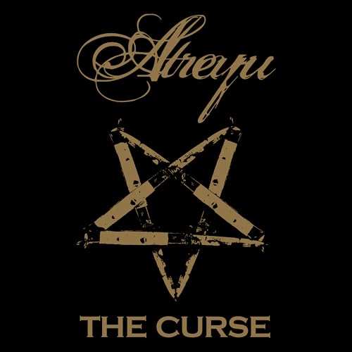 Atreyu logo and a gold pentagram on a black background with The Curse text.