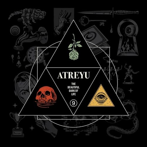 Atreyu album cover: dark art with skulls, hands, and geometric shapes.