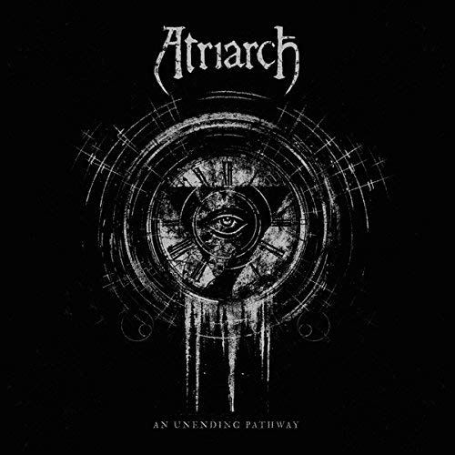 "Black album cover with a distressed clock face and all-seeing eye."