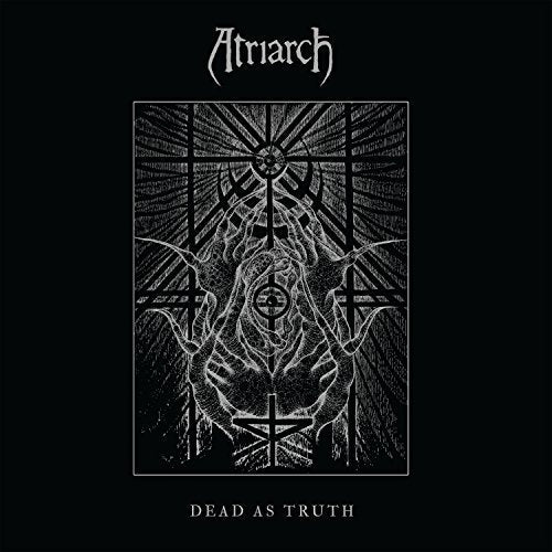 "Black album cover with white illustration of crucified figure surrounded by occult symbols."